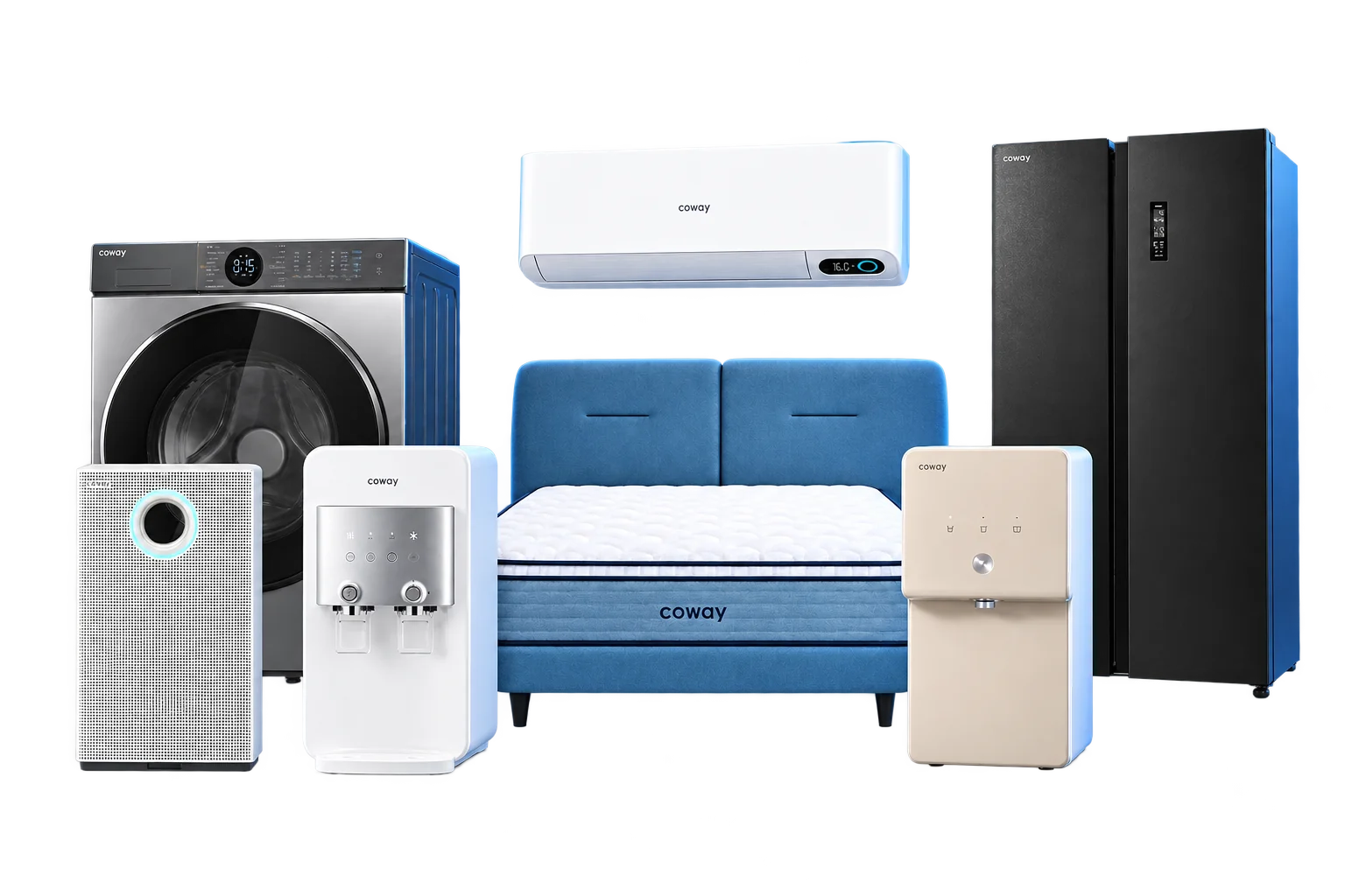 Rangkaian produk utama Coway termasuk mesin basuh, tilam, aircond, penapis air, penapis udara dan peti sejuk